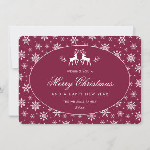 Elegant Claret Red White Snowflake Reindeer Holiday Card