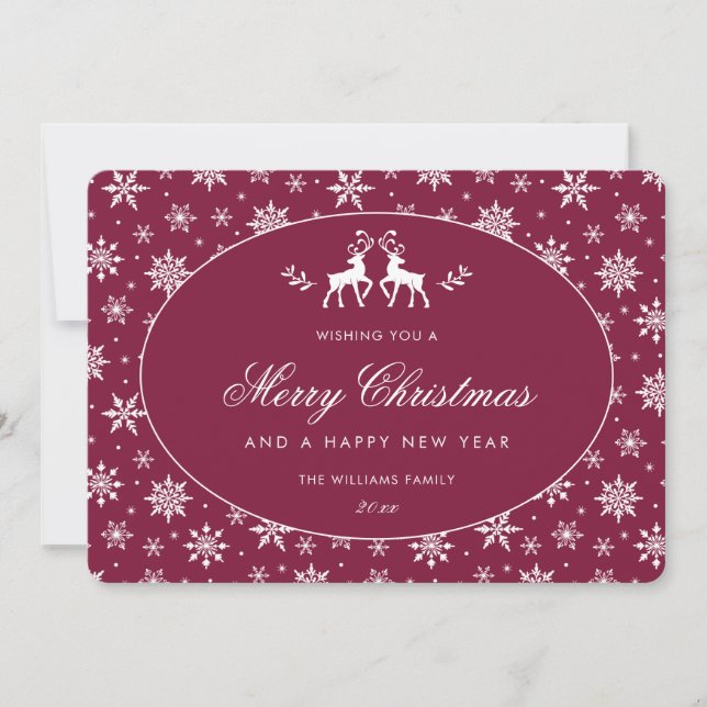 Elegant Claret Red White Snowflake Reindeer Holiday Card (Front)