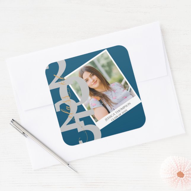 Elegant Class of 2025 Photo Graduation Square Sticker (Envelope)