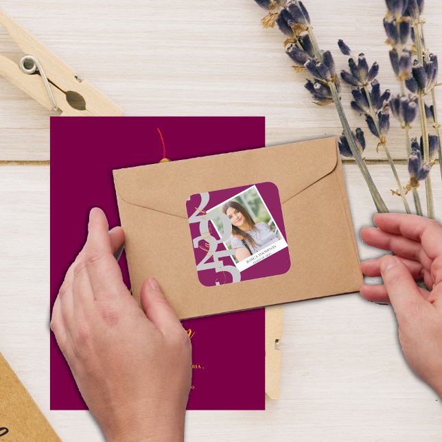 Elegant Class of 2025 Photo Red Graduation Square Sticker (Elegant Class of 2025 Photo Red Graduation Square Sticker)