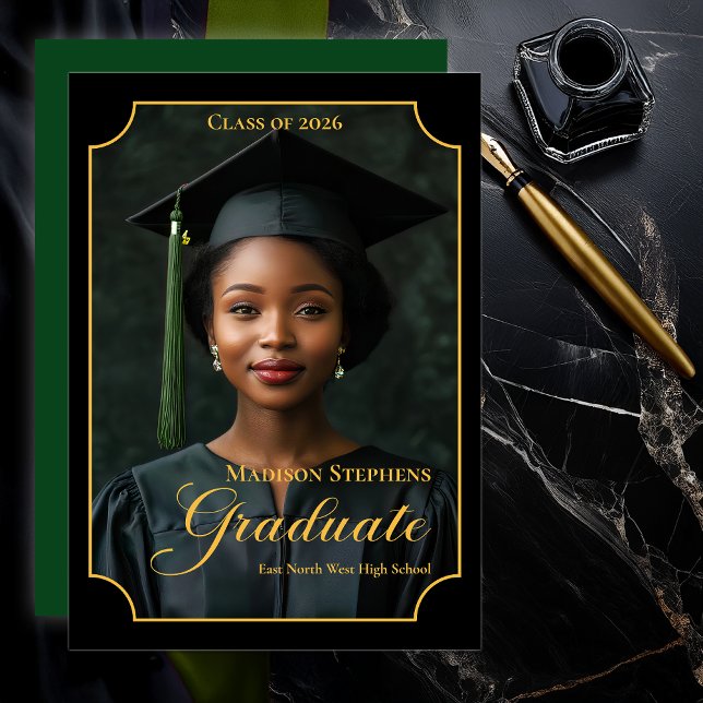 Elegant Class of 2026 Portrait Graduation Announcement (Luxury Black & Gold Portrait Graduation Announcement with Ornate Frame and Script Typography -Green)