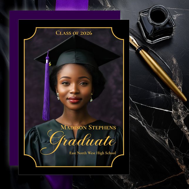 Elegant Class of 2026 Portrait Graduation Announcement (Luxury Black & Gold Portrait Graduation Announcement with Ornate Frame and Script Typography -Purple)