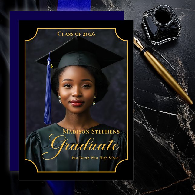 Elegant Class of 2026 Portrait Graduation Announcement (Luxury Black & Gold Portrait Graduation Announcement with Ornate Frame and Script Typography - Blue)