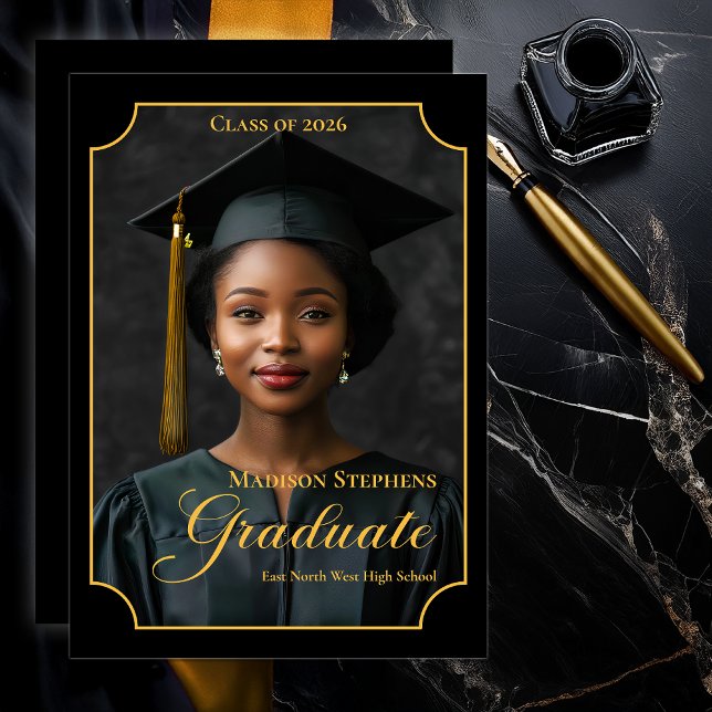 Elegant Class of 2026 Portrait Graduation Announcement (Luxury Black & Gold Portrait Graduation Announcement with Ornate Frame and Script Typography - Black)
