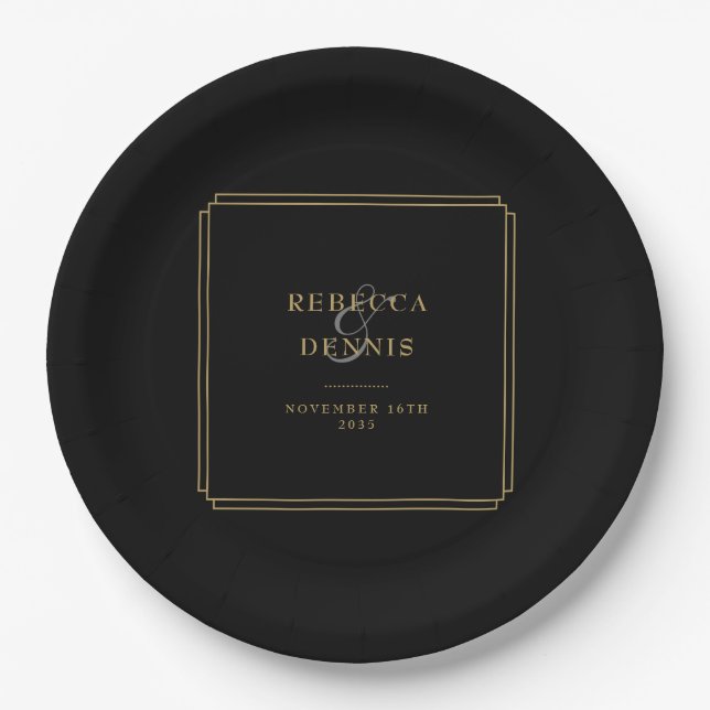 Elegant Classic Art Deco Black And Gold Wedding Paper Plate (Front)