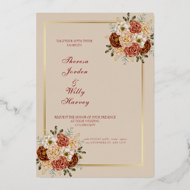 Elegant Classic being & brown wedding invitations  (Front)