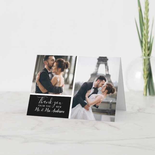 Elegant Classic Black 2 Photo Collage Wedding Thank You Card (Front)