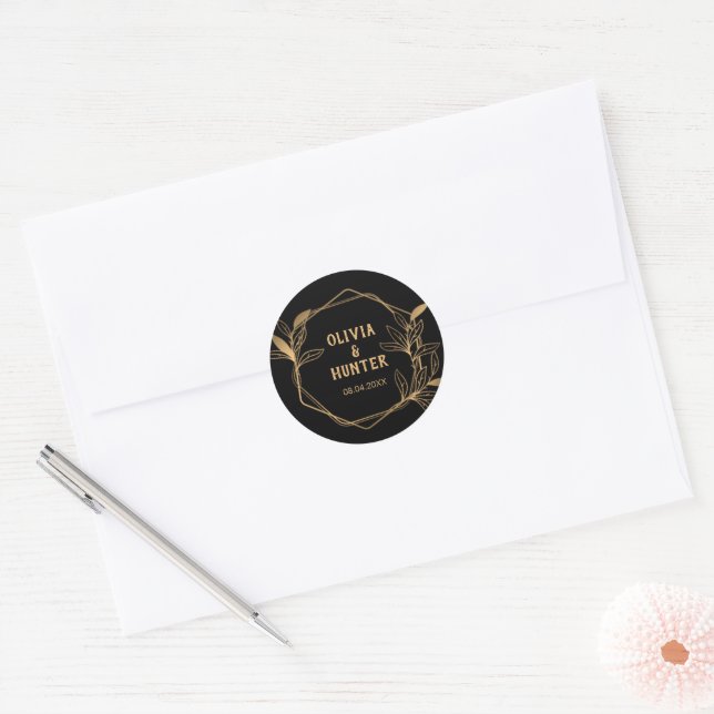 Elegant Classic Black and Gold Floral wedding Classic Round Sticker (Envelope)