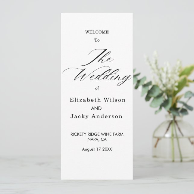 Elegant Classic Black and White Caligraphy Wedding Programme (Standing Front)