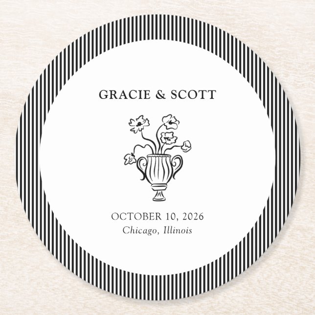 Elegant Classic Black and White Hand Drawn Wedding Round Paper Coaster (Front)