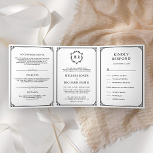 Elegant Classic Black and White Monogram Wedding Tri-Fold Invitation