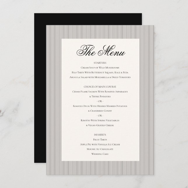 Elegant Classic Black Cream White Wedding Dinner Menu (Front/Back)