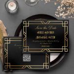 Elegant Classic Black Gold QR Code Save the Date Invitation<br><div class="desc">* NON-FOIL * Announce your upcoming wedding in timeless style with this customisable black and gold Art Deco Save the Date card. Inspired by the elegance of the Great Gatsby and 1920s design, this classic card features a vintage gold-look frame and faux gold text on a sleek black background. Please...</div>