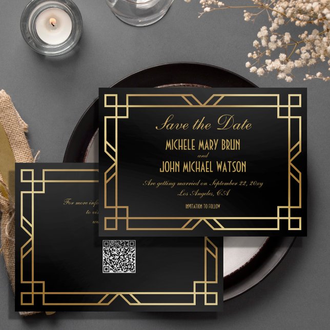 Elegant Classic Black Gold QR Code Save the Date Invitation (Creator Uploaded)