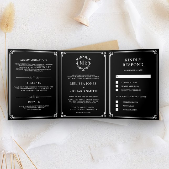Elegant Classic Black Monogram Wedding Tri-Fold Invitation (Creator Uploaded)