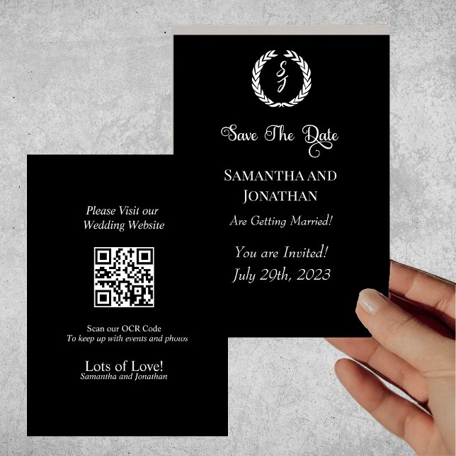Elegant Classic Black Monogram Wreath Save Date Invitation (Creator Uploaded)