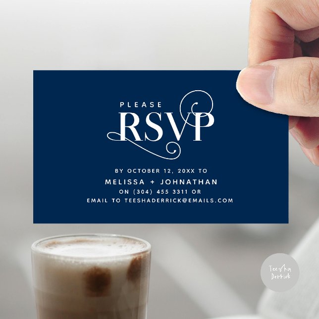 Elegant Classic, Black Script, RSVP respond Enclosure Card (Wedding invitation RSVP via Phone or email respond reminder Enclosure Card in aesthetic Navy Blue)