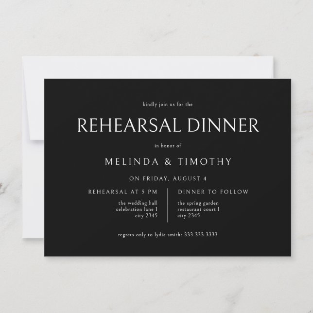 Elegant Classic Black Tie Wedding Rehearsal Dinner Invitation (Front)