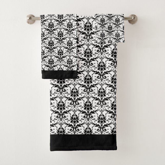 Elegant Classic Black White Damask Floral Pattern Bath Towel Set (Insitu)