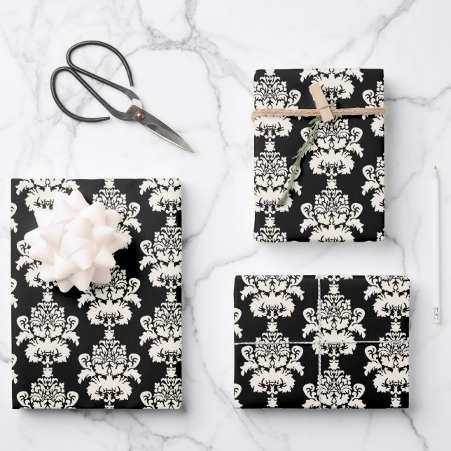 Elegant Classic Black White Damask Wrapping Paper Sheet (Front)