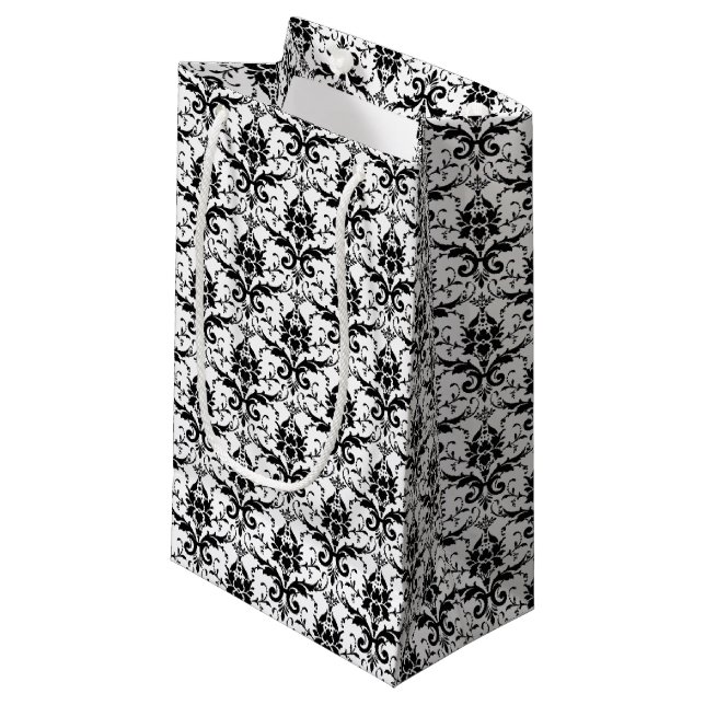 Elegant Classic Black White Floral Damask Wedding Small Gift Bag (Front Angled)