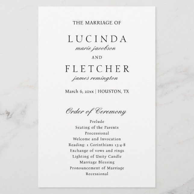 Elegant Classic Black White Formal Wedding Program (Front)