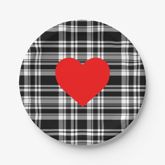 Elegant classic Black White plaid red heart detail Paper Plate (Front)