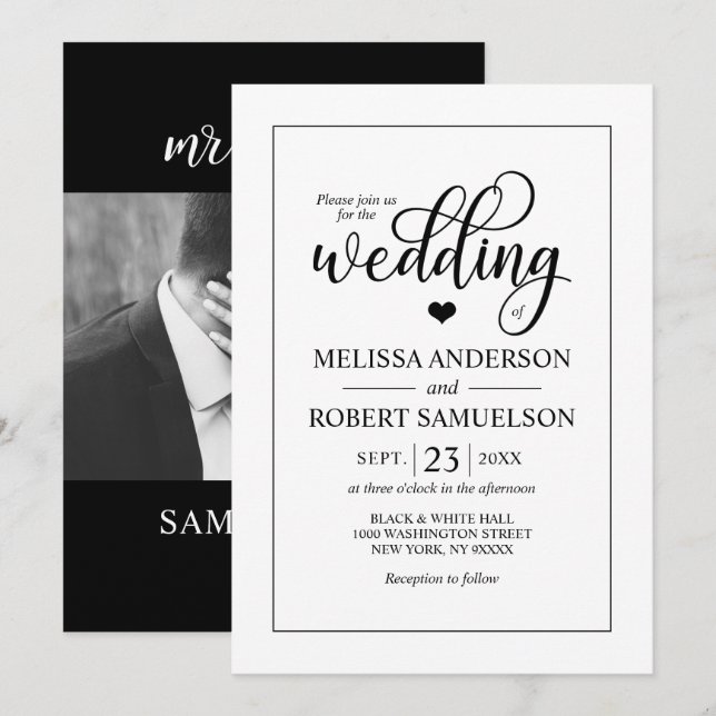 Elegant Classic Black White Script Wedding PHOTO Invitation (Front/Back)