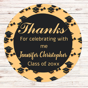 Elegant Classic Black & Yellow Script graduation Classic Round Sticker
