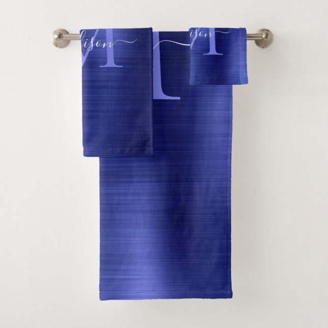 Elegant Classic Blue Brushed Metal Monogram Script Bath Towel Set (Insitu)