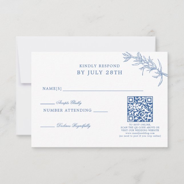 Elegant Classic Blue Floral Wedding QR Code RSVP Card (Front)