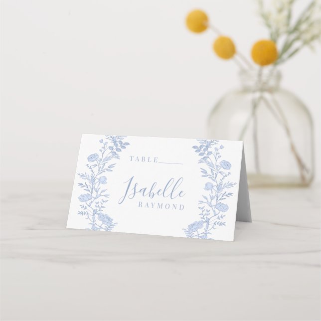 Elegant Classic Blue Floral Wreath Wedding Place Card (Front)