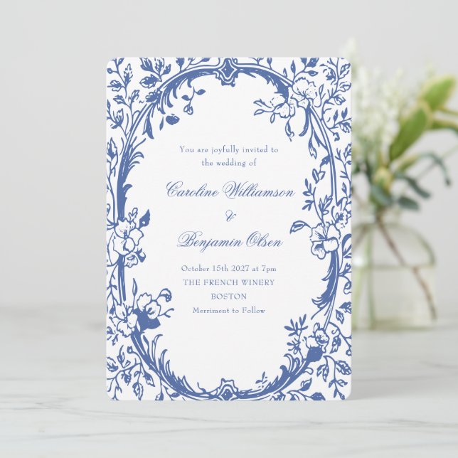 Elegant Classic Blue French Country Floral Wedding Invitation (Standing Front)