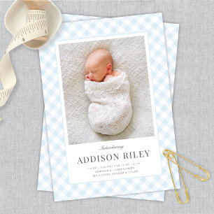Elegant Classic Blue Gingham Baby Boy Birth Announcement