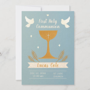 Elegant Classic Blue Gold Chalice Holy Communion  Invitation
