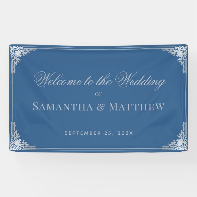 Elegant Classic Blue Grey Vintage Wedding Welcome Banner (Horizontal)