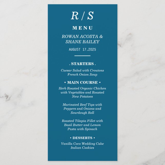 Elegant Classic Blue Monogram Wedding Menu Card (Front)