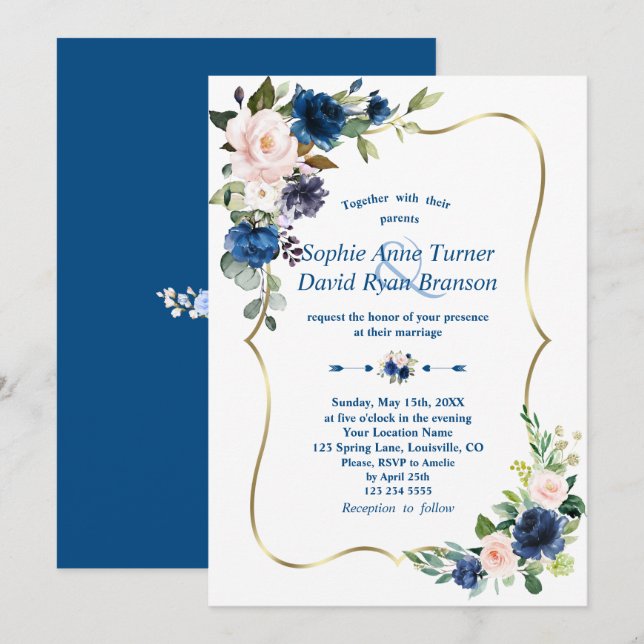 Elegant Classic Blue Pink Flowers Gold Wedding Invitation (Front/Back)