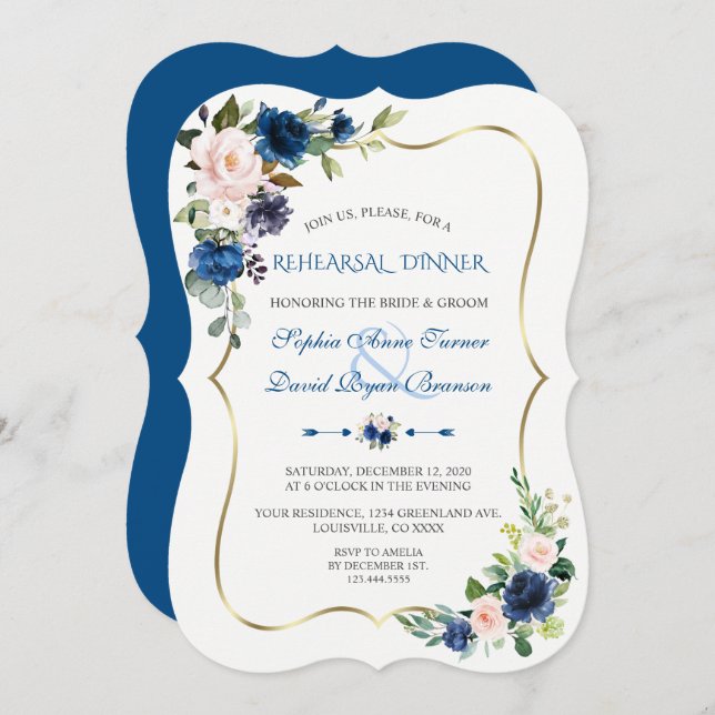 Elegant Classic Blue Pink Flowers Rehearsal Dinner Invitation (Front/Back)