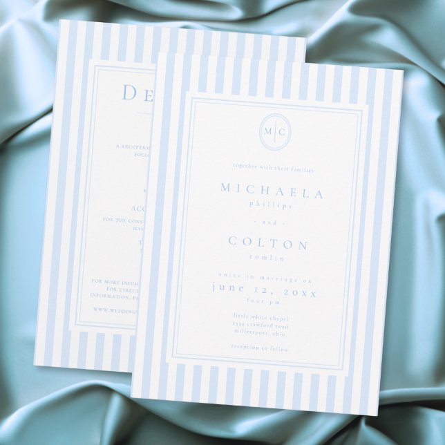 Elegant Classic Blue Stripe Monogram Two Sided Invitation (Elegant Classic Blue Stripe Monogram Two Sided Invitation)