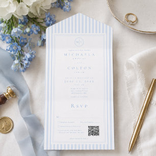 Elegant Classic Blue Stripe Monogram Wedding QR All In One Invitation
