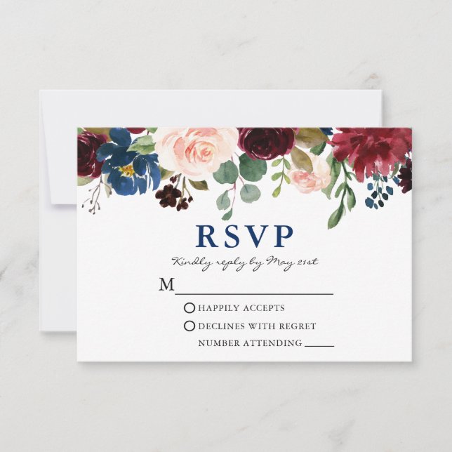Elegant Classic Blue Watercolor Floral Wedding RSVP Card (Front)