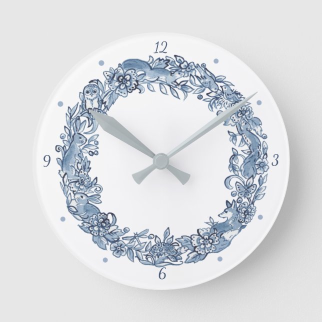Elegant Classic Blue & White Animal Wreath Delft Round Clock (Front)