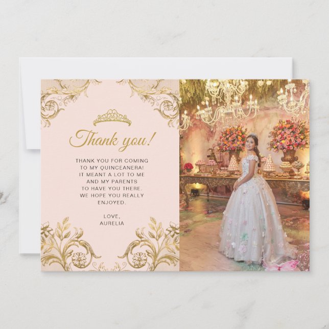 Elegant Classic Blush Pink Gold Photo Quinceañera Thank You Card (Front)