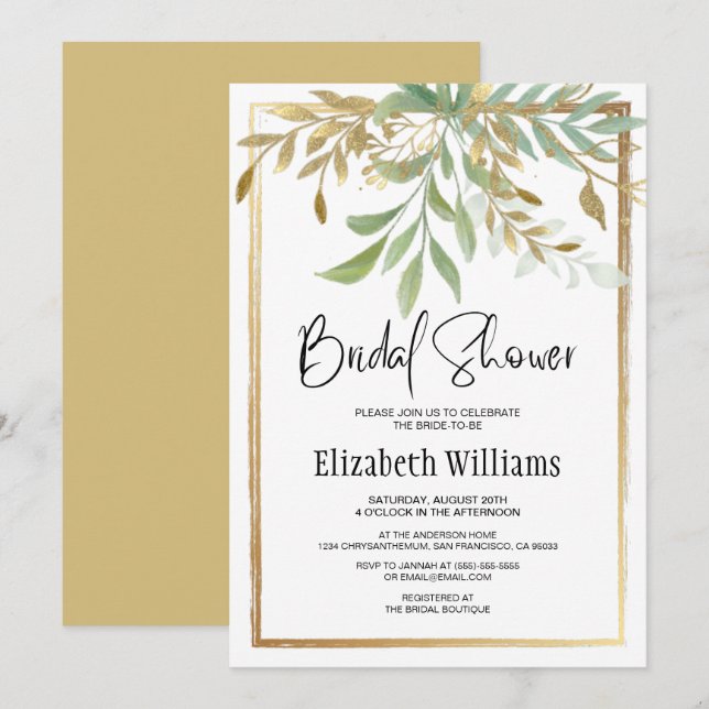 Elegant Classic Border Gold&Greenery Bridal Shower Invitation (Front/Back)