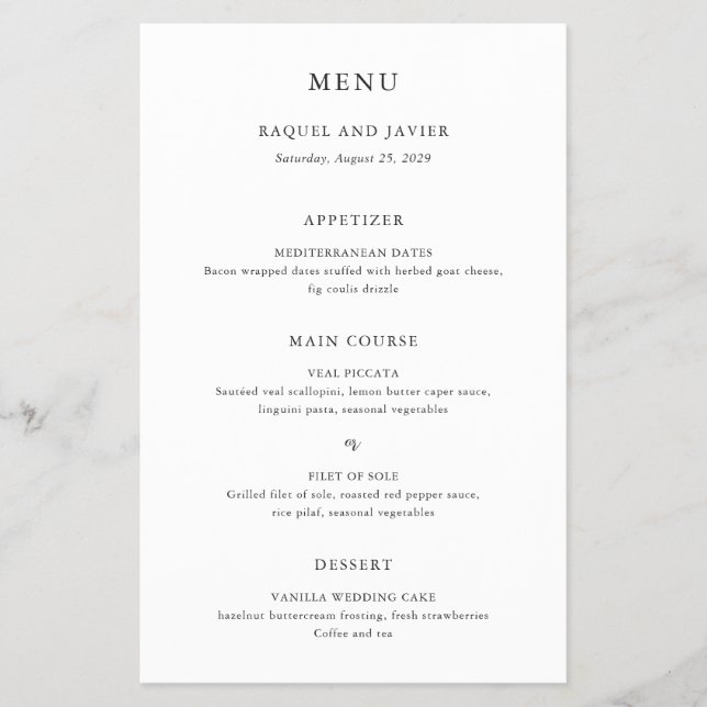 Elegant Classic Budget Wedding Menu (Front)