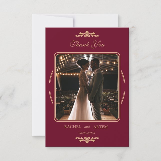 Elegant Classic Burgundy Photo Wedding  Thank You Card (Front)