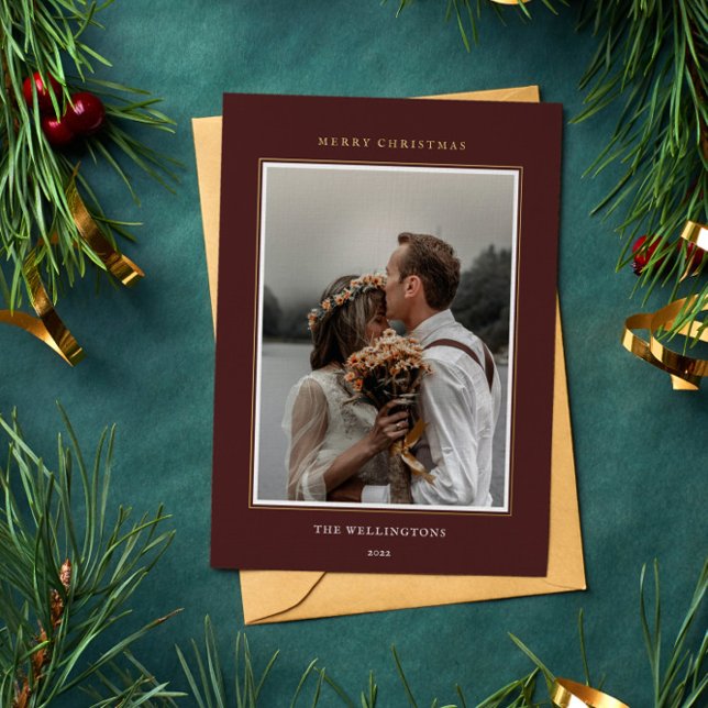 Elegant Classic Burgundy Red Photo Frame Christmas Foil Holiday Card (Creator Uploaded)