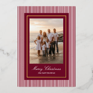 Elegant Classic Burgundy Red Stripe Photo Foil Holiday Card