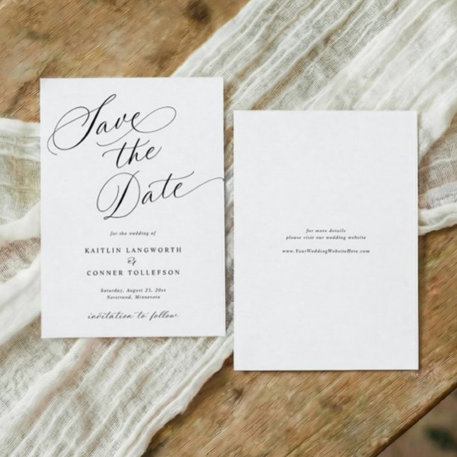 Elegant Classic Calligraphy Formal Wedding Save The Date (Formal black and white wedding save the date with elegant calligraphy and classic script)